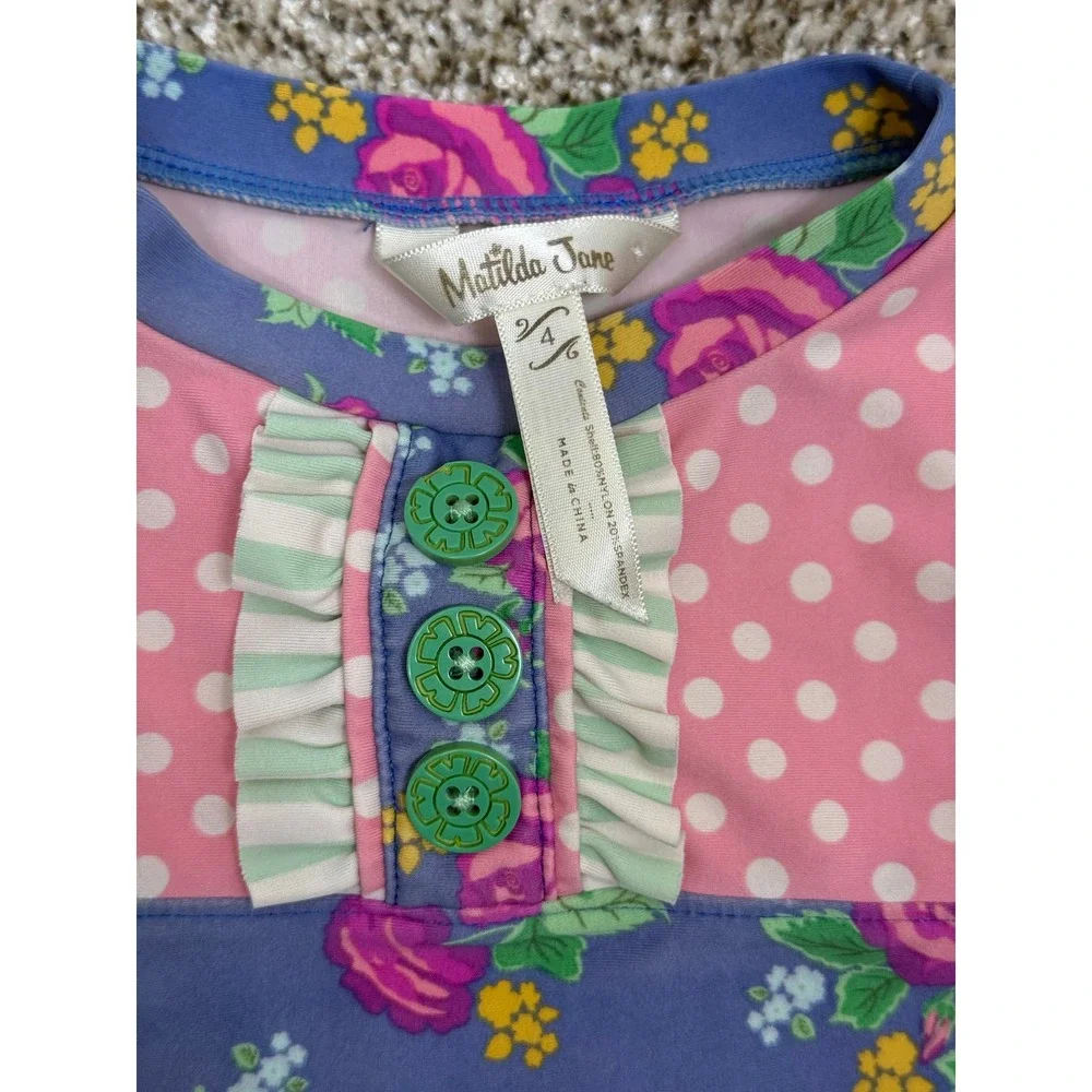 Matilda Jane Girls Floral Polka Dot Rash Guard Swim Top Blue Pink Size 4